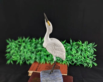 Hand Carved Snowy Egret, Wood Bird Sculpture, Egret Wood Carving, Wading Bird Art Decor, OOAK Egret Wood Work, Nature-Inspired Artwork