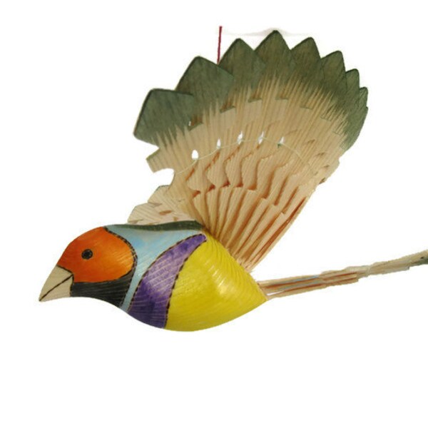 Hand Carved Bird Mobile, Gouldian Finch, Songbird Wood Carving, Kids Room Nursery Decor, Fan Bird Folk Art, Hanging Mobile Bird Woodworking