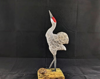 Hand Carved Sandhill Crane, Wood Bird Sculpture, Crane Wood Carving, Wading Bird Art Decor, OOAK Avian Artwork, Nature-Inspired Artwork