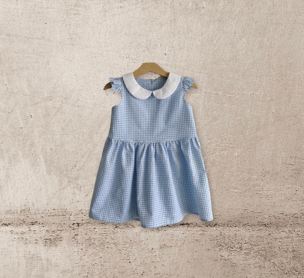Girl toddler baby Dress. Peter Pan Collar Dress. Blue Gingham Dress Etsy Canada