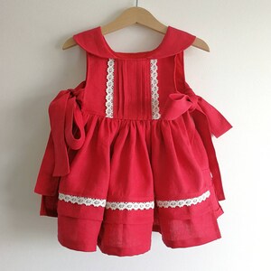 Red Linen Vintage Pinafore Dress: Toddler Girl Apron Smock zdjęcie 2