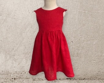 Girls Red Linen Christmas Dress, Scooped Back, Photo Prop