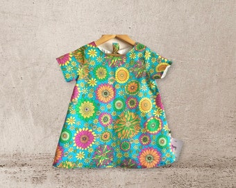 Girl dress, psychedelic Aqua shift dress 60s style