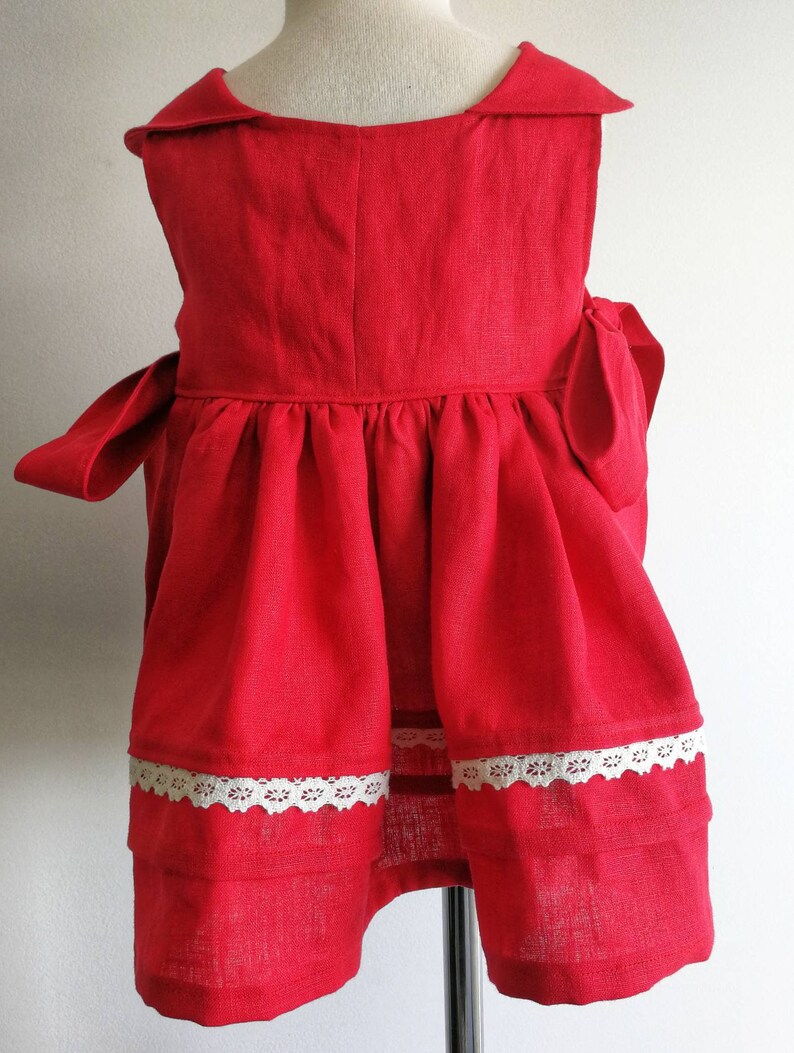 Red Linen Vintage Pinafore Dress: Toddler Girl Apron Smock zdjęcie 6