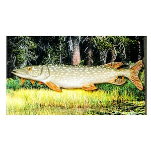 May include: A wooden sculpture of a Northern Pike fish, with a light grey body and brown fins. The fish is set against a backdrop of a forest and a grassy marsh.