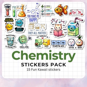 Pacote de adesivos engraçados de química kawaii: adesivos de vinil com trocadilho científico (15 adesivos)