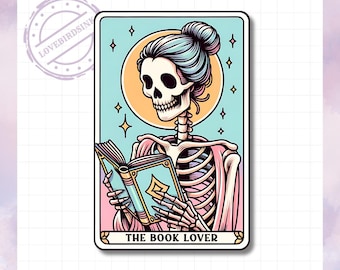 Autocollant vinyle carte de tarot pour amoureux des livres : Squelette pastel en train de lire