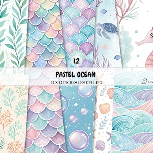 May include: A collection of 12 pastel ocean-themed digital papers. Designs include watercolor illustrations of seaweed, mermaid scales, a sea turtle, seahorse, bubbles, and waves. The papers are 12 x 12 inches.