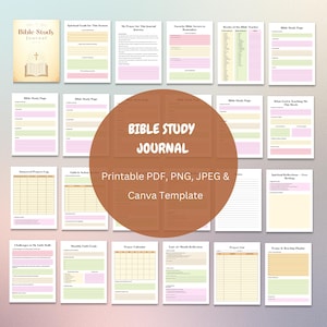 May include: A Bible Study Journal with a soft beige cover and gold accents. The journal includes various pages for notes, prayers, and reflections. The text "Bible Study Journal" is prominently displayed, along with "Printable PDF, PNG, JPEG & Canva Template."