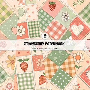 Papel digital patchwork de fresas / Patrón de colcha cottagecore (descarga digital)