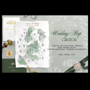 May include: A wedding map creator with a watercolor map design, featuring a green and grey colour scheme. The image includes wedding-themed elements, text, and a wax seal. The text reads "Wedding Map Creator."