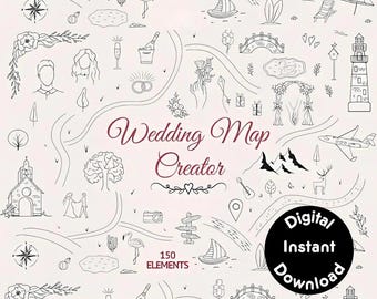 Creador de mapas de bodas: 150 elementos de clip art dibujados a mano (descarga digital)