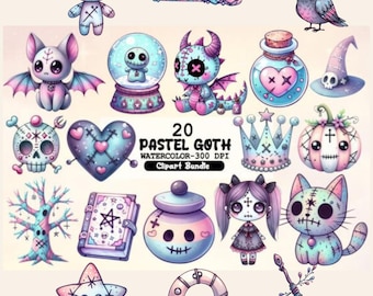 Pastel Goth Clipart Bundle: Kawaii Witchy PNG Images (Digital Download)
