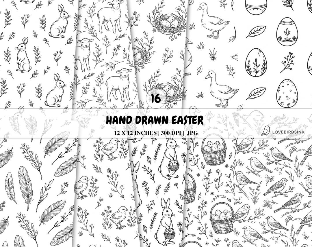 Hand Drawn Easter Seamless Digital Paper Pack | Black & White Spring ...