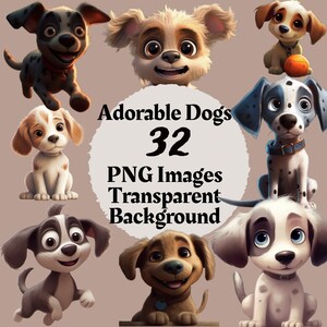 32 Pixar Style Dogs & Puppies PNG | Transparent Cartoon Clipart Digital Download For Stickers, Journals and Sublimation DIY