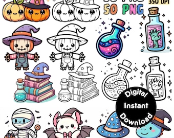 Könnte beinhalten: Eine Sammlung digitaler Grafiken zum Thema Halloween. Das Bild zeigt farbenfrohe und schwarz-weiße Illustrationen von Kürbissen, Hexenhüten, Zaubertränken und Cartoonfiguren. Der Text enthält "50 PNG" und "Digitaler Sofort-Download."