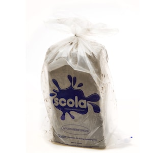 May include: A white plastic bag containing a block of grey air-drying modelling clay. The bag has a blue logo that says "scola CREATIVE ART PRODUCTS LTD" and "NYLON REINFORCED". The text "PLACLAY Non-toxic, Air drying, modelling clay" is printed on the bag.