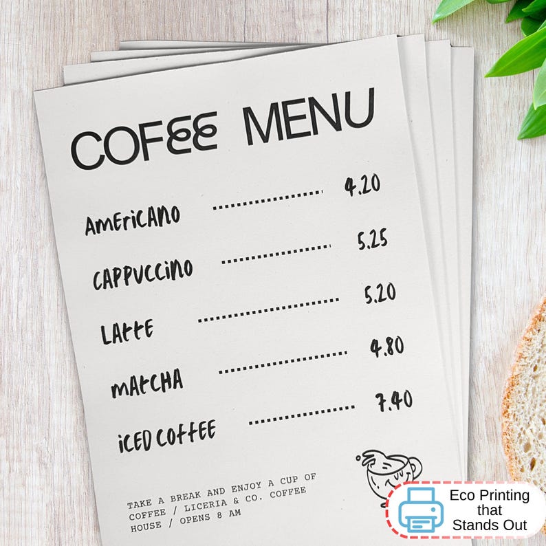 May include: A white paper coffee menu with black text listing items including Americano, Cappuccino, Latte, Matcha, and Iced Coffee with prices. The header reads COFEE MENU and the bottom includes text about Liceria & Co. Coffee House.