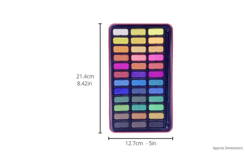 May include: A set of 36 watercolor paints in a metal tin with a brush. The tin is 8.42 inches tall and 5 inches wide. The paints are arranged in rows of six, with each color having its own individual pan. The colors are a mix of bright and muted shades, including red, orange, yellow, green, blue, purple, brown, and black.