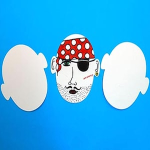 May include: A white paper pirate face mask with a red and white polka dot bandana, an eye patch, and a black beard.