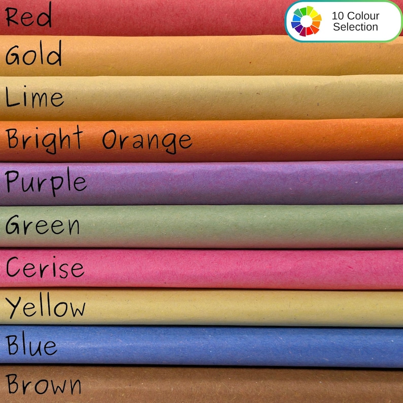 May include: Ten stacked sheets of coloured tissue paper in red, gold, lime, bright orange, purple, green, cerise, yellow, blue, and brown. A small circular graphic in the top right corner displays a colour wheel and the text 10 Colour Selection.
