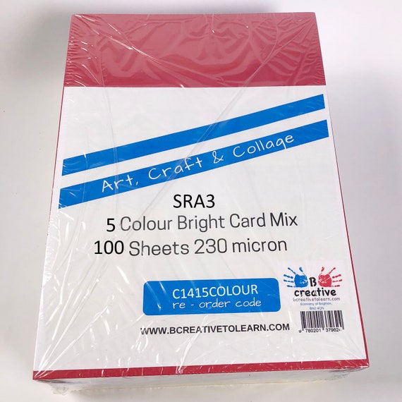 Bright SRA3 Coloured Card 100 Sheets 180gsm 5 Colours - UK