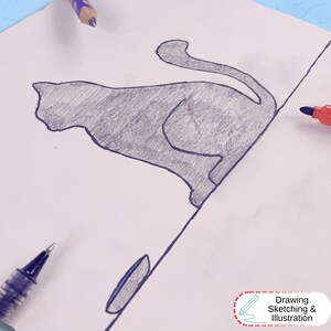 May include: A graphite pencil drawing of a cat in profile on white paper, featuring a shaded silhouette with a long curved tail. The drawing is surrounded by a blue pen, a purple pencil, and a red marker, with a label reading Drawing Sketching & Illustration.