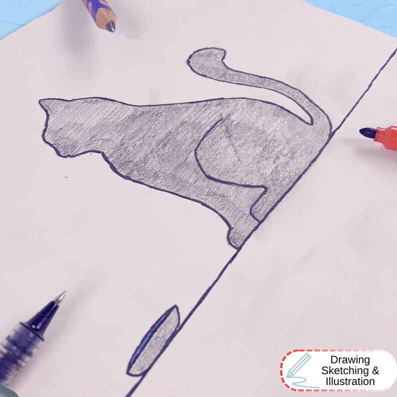 May include: A graphite pencil drawing of a cat in profile on white paper, featuring a shaded silhouette with a long curved tail. The drawing is surrounded by a blue pen, a purple pencil, and a red marker, with a label reading Drawing Sketching & Illustration.