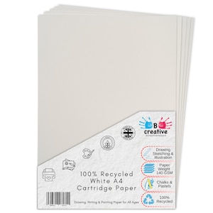 May include: A stack of white A4 cartridge paper with a textured wrapper. The label reads 100% Recycled White A4 Cartridge Paper, 140 GSM, and features icons for drawing, sketching, illustration, chalks, and pastels. It includes a Made in UK logo.