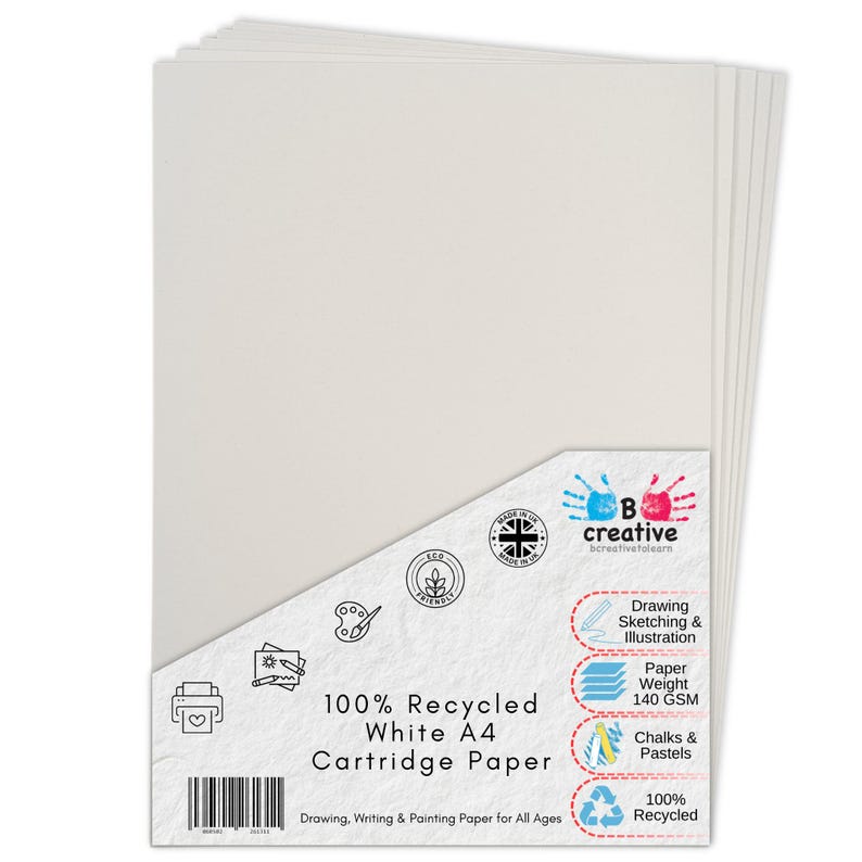 May include: A stack of white A4 cartridge paper with a textured wrapper. The label reads 100% Recycled White A4 Cartridge Paper, 140 GSM, and features icons for drawing, sketching, illustration, chalks, and pastels. It includes a Made in UK logo.