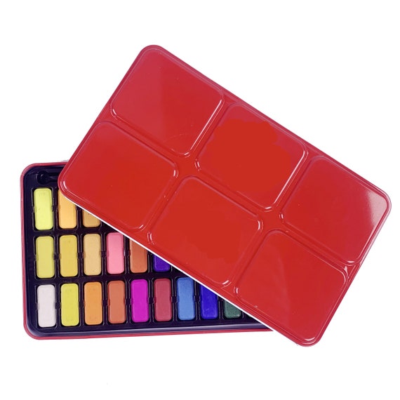Watercolour Paint Palette Set Tin-  36 Watercolour Paint Palette - Red Tin Box - Easy to store Watercolour paints for children