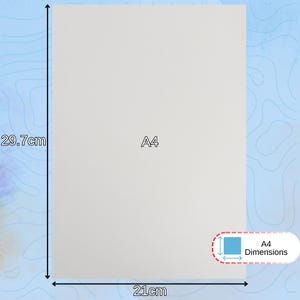 May include: A plain white A4 rectangular sheet of paper. The image includes measurement indicators showing a height of 29.7 cm and a width of 21 cm. A small graphic in the corner displays a blue square with the text A4 Dimensions.