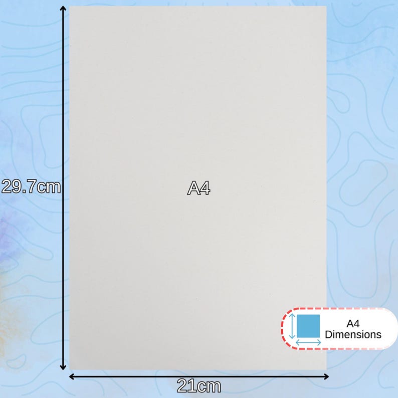 May include: A plain white A4 rectangular sheet of paper. The image includes measurement indicators showing a height of 29.7 cm and a width of 21 cm. A small graphic in the corner displays a blue square with the text A4 Dimensions.