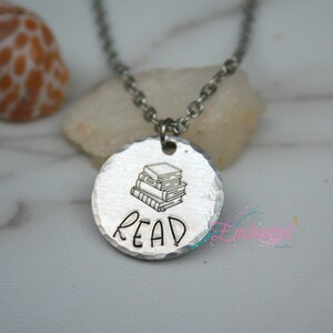 READ Book Themed Necklace - Minimalist Jewelry - Book Worm Gift Accessory - Silver Stamped Necklace - Inspirational Teacher Gift Idea