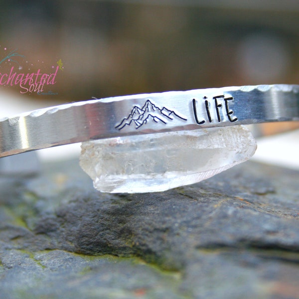 Mountain Life Cuff Bracelet - Adjustable Boho Cuff - Nature Girl Jewelry - Hiking Wanderer Jewelry - Husband Gift - Travel Care Package Idea