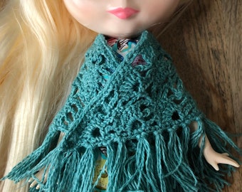 Châle en laine & coton turquoise crocheté pour poupée Blythe, Pullip etc…