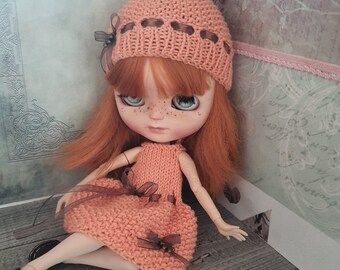 Orange and chocolate dress and bonnet set for Blyth or Pullip doll