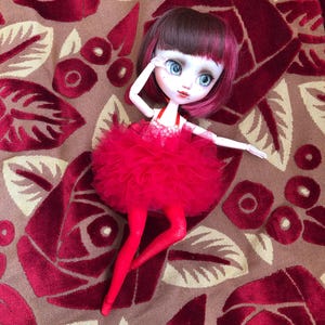 Può includere: Una bambola con capelli corti scuri con riflessi magenta, grandi occhi azzurri e pelle chiara. La bambola indossa un top rosso senza maniche con un motivo floreale bianco, una voluminosa gonna tutù in tulle rosso e collant rossi.