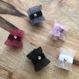 May include: Five different hair clips with a velvet ribbon and a rhinestone in the centre. The clips are made of tulle and come in black, white, pink, red, and blue.