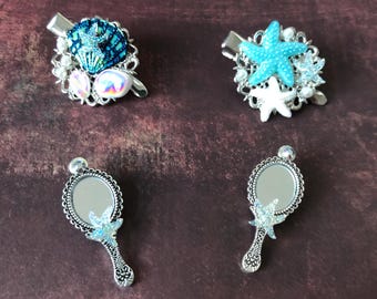 Mermaid-themed hair clip and mirror sets for dolls - various designs