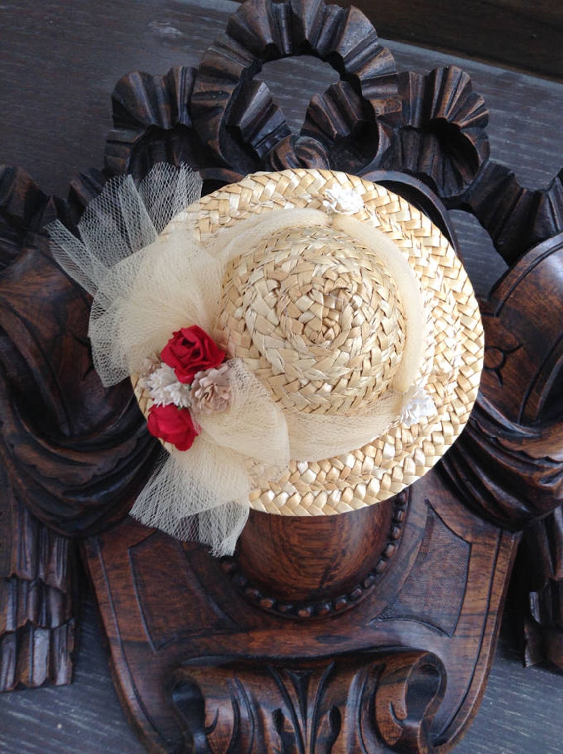 Straw Hat Decorated With Beige Tulle and Small Paper Flowers Etsy UK