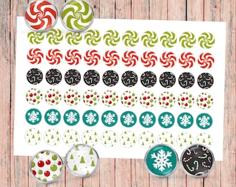 12mm WINTER CHRISTMAS Circle Images / Christmas Tree Candy Cane Snowflake / JPG Images / Printable Digital Download Sheet / Cabochon Images