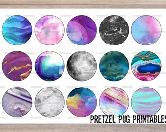 May include: A printable sheet with 12 different circle designs. The circles feature abstract patterns in various colors, including blue, purple, pink, and gray. The text "PRETZEL PUG PRINTABLES" is at the bottom of the sheet.