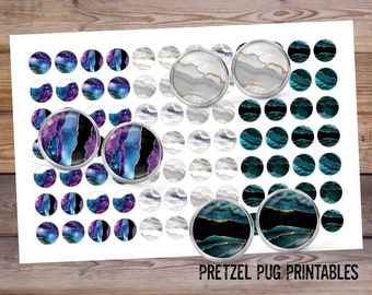 Puede incluir: Una hoja de recortes de papel circulares con patrones de mármol y galaxia en morado, azul, verde azulado y blanco con detalles dorados. Seis cabujones de vidrio redondos a juego están colocados encima. El texto PRETZEL PUG PRINTABLES está abajo.