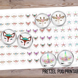 Unicorns 10mm Cute Animals Circle Images / Giraffe Fox Floral Cabochon Images / INSTANT DOWNLOAD / Digital Collage Sheet / Jewelry Images