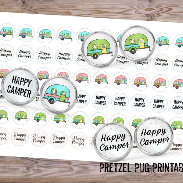 12mm Circle Images / Happy Camper / Camping / JPG Images / Printable Digital Download Sheet / Retro Camper / Cabochon Earring Images