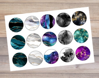 May include: A sheet of 15 round stickers with various abstract designs. The designs feature swirling patterns of blue, green, purple, black, and white with gold accents.