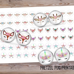 12mm / Unicorn Fox Giraffe Images / Digital Collage Sheet Images / Circle Images  / Printable Download Sheet / Cabochon Earring Images