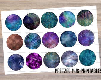 May include: A sheet of printable stickers featuring 15 different galaxy-themed designs. The designs include various shades of blue, purple, and gold with stars and swirls. The text "Pretzel Pug Printables" is at the bottom of the sheet.