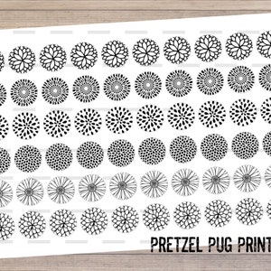 Puede incluir: Una hoja imprimible de 49 diseños circulares en blanco y negro con varios patrones florales. La hoja se titula "Pretzel Pug Printables".